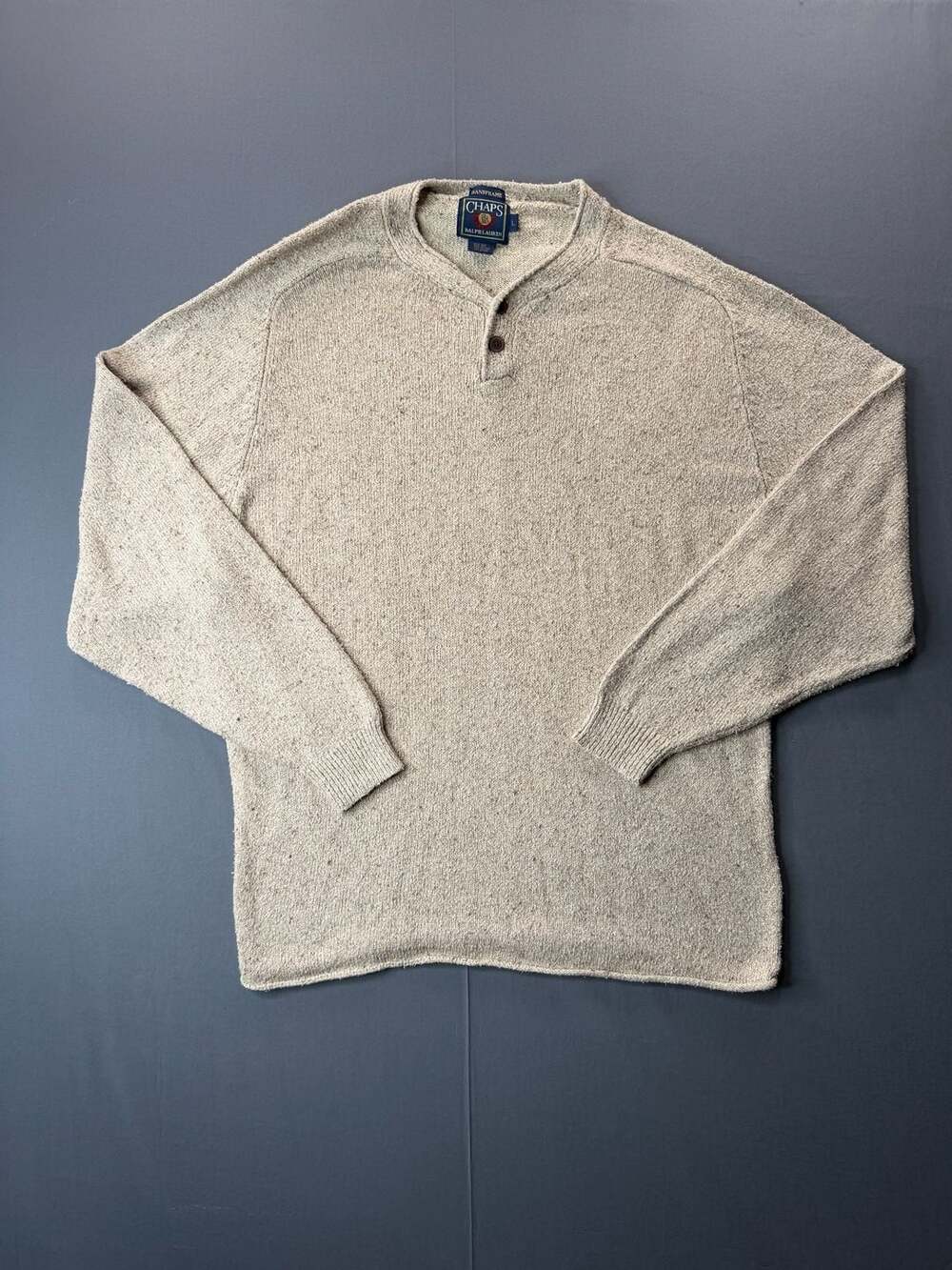 Vintage Chaps Ralph Lauren Handframe Men's Beige Silk Blend Henley Sweater Large